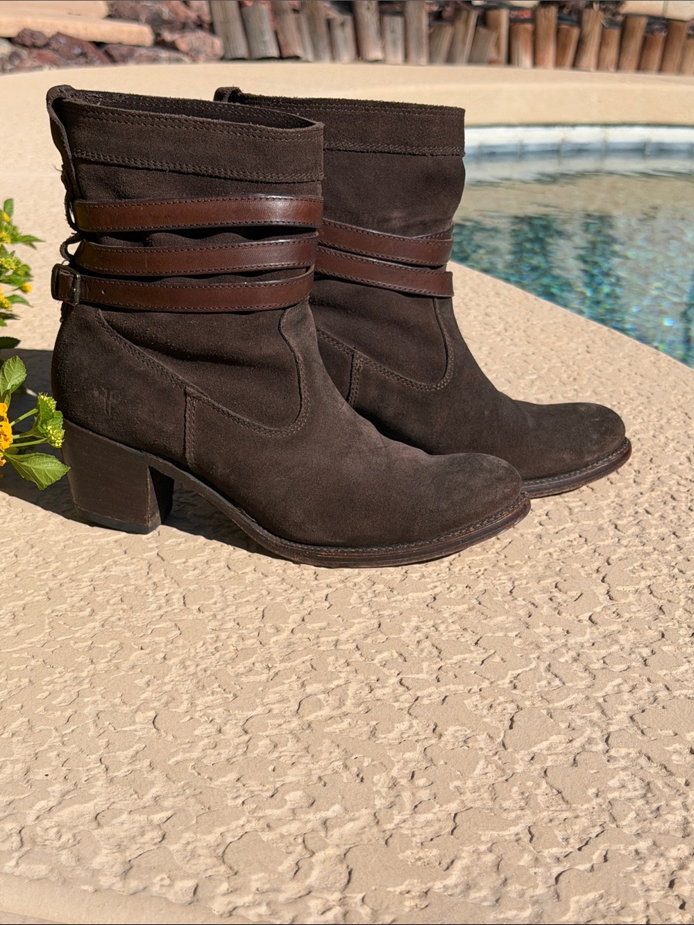 Frye Dark Brown Suede Mid-Calf Heeled Boots with Leather Straps